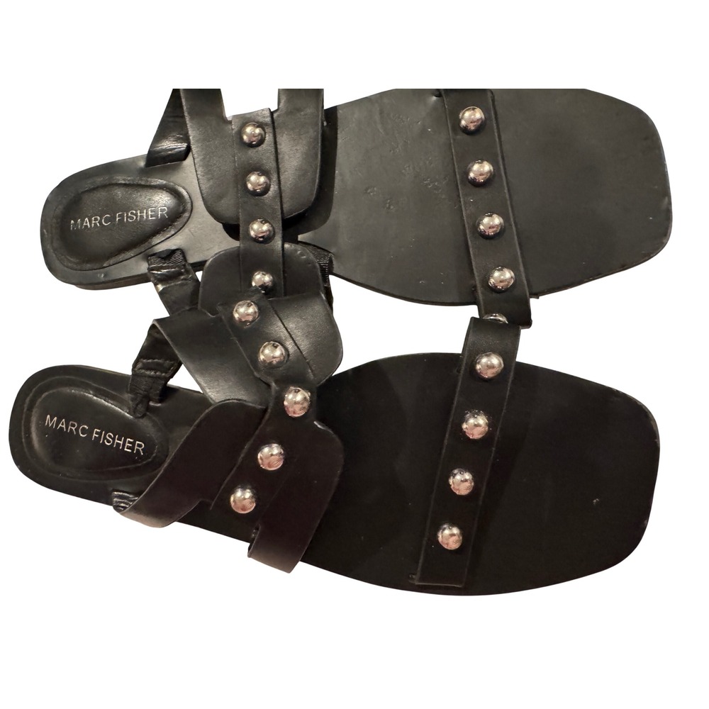 Marc Fisher Black Leather Studded Square Toe Flat Slide Sandals Womens 9.5 M